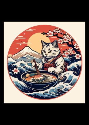 Japanese Ramen Cat Art Print - Premium Wooden Framed Poster. Ready to Hang.