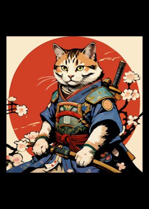 Ramen Cat Samurai: Japanese Art Print - Premium Wooden Framed Poster. Ready to Hang.