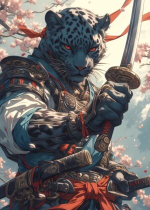 Panther Samurai Blossom: A Stunning Fusion of Nature and Warrior Spirit - Premium Wooden Framed Poster. Ready to Hang.