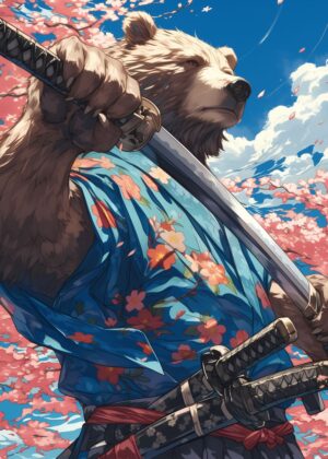 Bear Samurai Blossom: A Stunning Artwork - Premium Wooden Framed Poster. Ready to Hang.