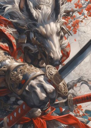 Horse Samurai Blossom: A Digital Painting of Strength and Grace - Premium Wooden Framed Poster. Ready to Hang.