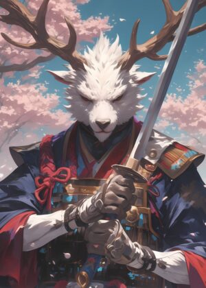 Reindeer Samurai Blossom: A Stunning Fantasy Artwork - Premium Wooden Framed Poster. Ready to Hang.