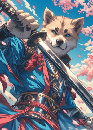 Shiba Inu Samurai Blossom: A Stunning Artwork - Premium Wooden Framed Poster. Ready to Hang.