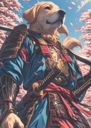 Golden Retriever Samurai: A Stunning Artwork - Premium Wooden Framed Poster. Ready to Hang.