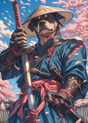 Rottweiler Samurai Blossom: Digital Art Print - Premium Wooden Framed Poster. Ready to Hang.