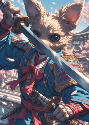 Chihuahua Samurai Blossom: A Stunning Digital Art Print - Premium Wooden Framed Poster. Ready to Hang.