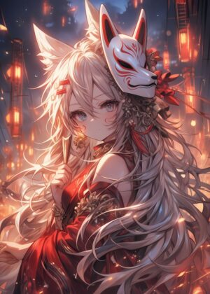 Enchanting Fox Mask Anime Girl Art Print - Premium Wooden Framed Poster. Ready to Hang.