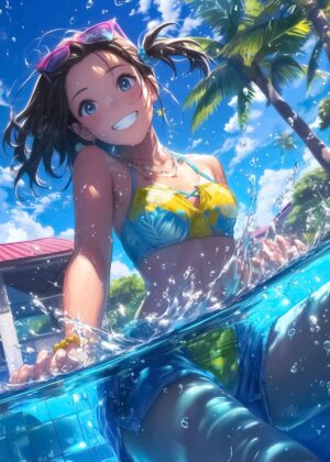 Anime Girl Summer Fun - Premium Wooden Framed Poster. Ready to Hang.