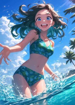 Summer Beach Girl Anime Art Print - Premium Wooden Framed Poster. Ready to Hang.