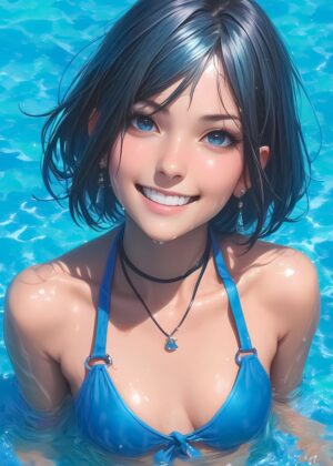 Summer Fun: Vibrant Anime Girl in Pool - Premium Wooden Framed Poster. Ready to Hang.