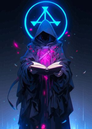 Mysterious Hooded Figure with Glowing Book Art Print - Premium Wooden Framed Poster. Ready to Hang.