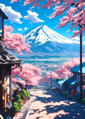 Mt. Fuji Cherry Blossom Scene: Vibrant Spring in Japan - Premium Wooden Framed Poster. Ready to Hang.