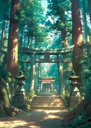 Kumanoimasu Shrine Path: A Serene Digital Artwork - Premium Wooden Framed Poster. Ready to Hang.