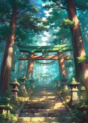 Serene Shrine Forest Path: A Digital Art Print - Premium Wooden Framed Poster. Ready to Hang.