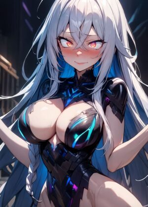 Stunning Anime Girl Artwork: Fiery Eyes and a Sultry Pose - Premium Wooden Framed Poster. Ready to Hang.