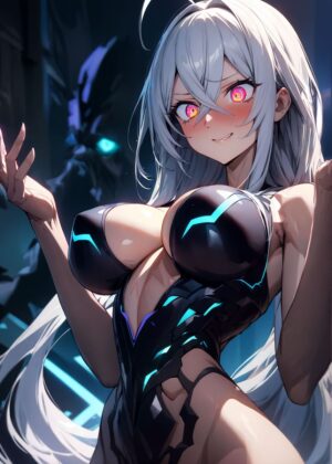Anime Girl with Long Silver Hair in Dark Futuristic Outfit - Premium Wooden Framed Poster. Ready to Hang.