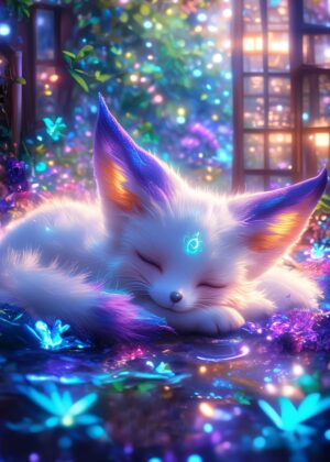 Sleeping Baby Kitsune: A Magical Dream - Premium Wooden Framed Poster. Ready to Hang.