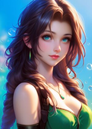 Cute Anime Girl with Vibrant Green Outfit and Long Hair - Premium Wooden Framed Poster. Ready to Hang.