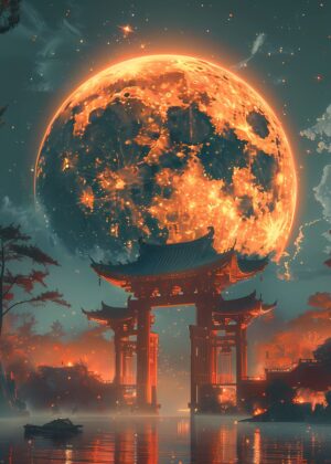 Crimson Moon Gate: Anime-Inspired Japanese Landscape Art Print - Premium Wooden Framed Poster. Ready to Hang.