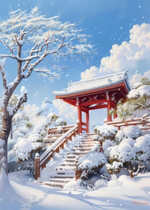 Serene Winter at the Japanese Shrine - Premium Wooden Framed Poster. Ready to Hang.