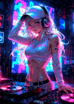 Cyberpunk Anime DJ Girl Art Print - Premium Wooden Framed Poster. Ready to Hang.