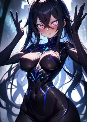 Stunning Anime Girl Artwork: Dark Beauty in a Futuristic Suit - Premium Wooden Framed Poster. Ready to Hang.