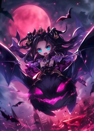 Blood Moon Bat Rider: Anime Fantasy Art Print - Premium Wooden Framed Poster. Ready to Hang.