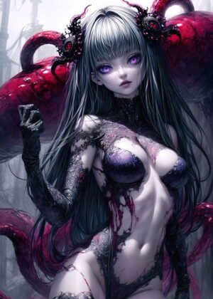 Gothic Demon Girl Art Print: Dark Fantasy Beauty - Premium Wooden Framed Poster. Ready to Hang.