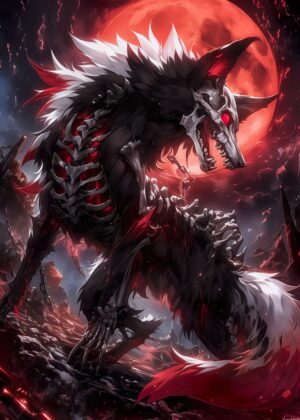 Anime Blood Moon Wolf Art Print - Premium Wooden Framed Poster. Ready to Hang.