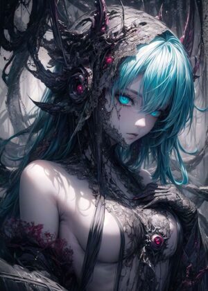 Cyberpunk Anime Girl with Teal Hair - Premium Wooden Framed Poster. Ready to Hang.