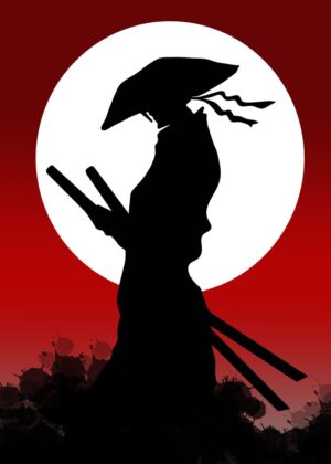 Samurai Silhouette Under the Moon: Japanese Warrior Art Print - Premium Wooden Framed Poster. Ready to Hang.