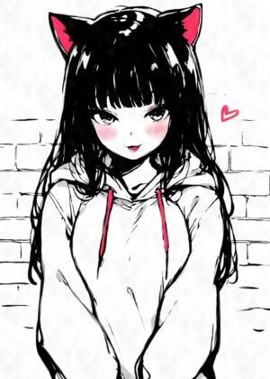 Kawaii Neko Girl Hoodie Art Print - Premium Wooden Framed Poster. Ready to Hang.