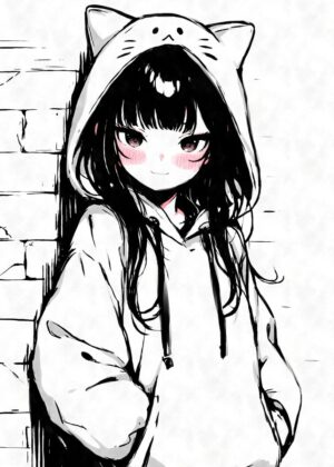 Kawaii Cat Girl Hoodie Artwork - Premium Wooden Framed Poster. Ready to Hang.