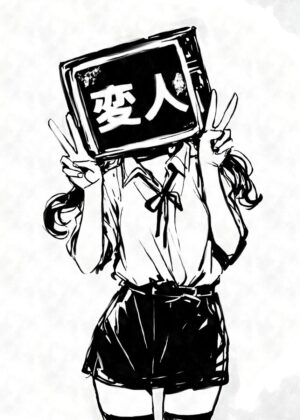 Weirdcore TV Head Girl: A Monochrome Masterpiece - Premium Wooden Framed Poster. Ready to Hang.
