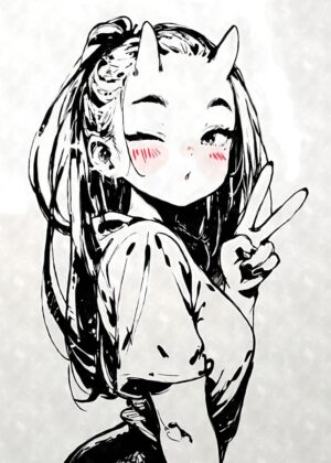 Adorable Demon Girl Peace Sign Anime Art Print - Premium Wooden Framed Poster. Ready to Hang.