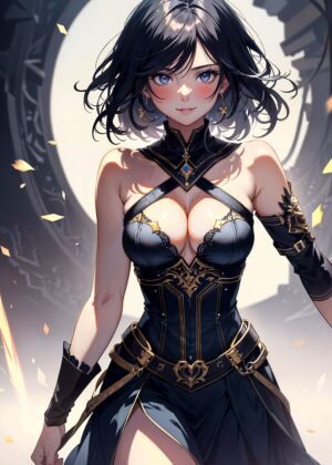 Stunning Anime Girl in Elegant Dark Attire - Premium Wooden Framed Poster. Ready to Hang.