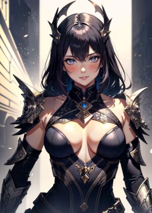 Anime Girl in Dark Fantasy Armor - Premium Wooden Framed Poster. Ready to Hang.