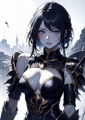 Stunning Anime Girl in Black Armor - Premium Wooden Framed Poster. Ready to Hang.