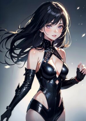 Anime Girl in Black Leather Bodysuit: High-Quality Art Print - Premium Wooden Framed Poster. Ready to Hang.