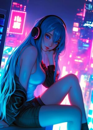 Cyberpunk Anime Girl: Neon City Dreams - Premium Wooden Framed Poster. Ready to Hang.