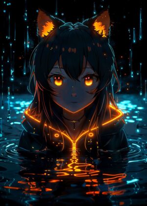 Neon Glow Anime Girl: Dark Fantasy Art Print - Premium Wooden Framed Poster. Ready to Hang.