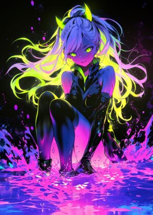 Neon Glowing Anime Girl Waifu Art Print - Premium Wooden Framed Poster. Ready to Hang.