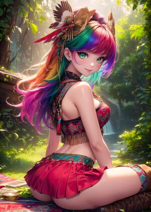 Vibrant Rainbow Anime Girl in Lush Nature - Premium Wooden Framed Poster. Ready to Hang.