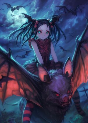 Moonlight Bat Anime Girl: Dark Fantasy Art Print - Premium Wooden Framed Poster. Ready to Hang.