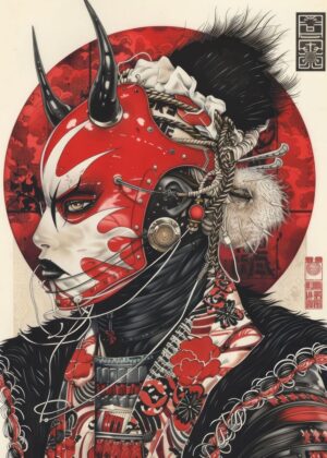 Crimson Ronin: A Cyberpunk Samurai Artwork - Premium Wooden Framed Poster. Ready to Hang.