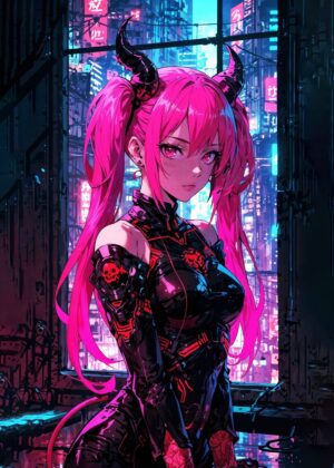 Oni Girl Neon Night: Cyberpunk Anime Art Print - Premium Wooden Framed Poster. Ready to Hang.