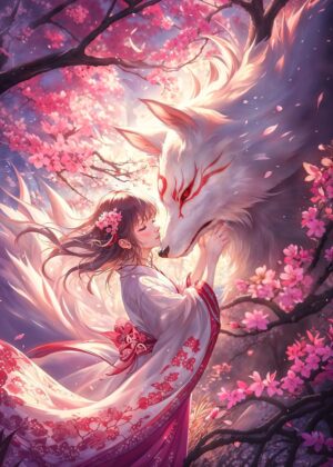 Kitsune Ethereal Bond: Anime Art Print - Premium Wooden Framed Poster. Ready to Hang.
