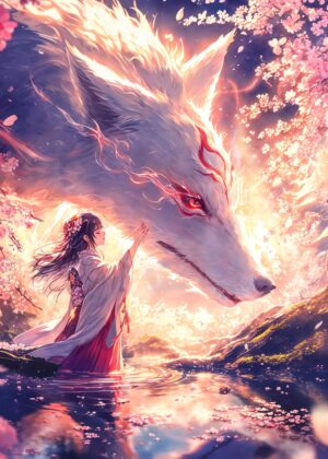 Kitsune and Maiden: A Mystical Bond - Premium Wooden Framed Poster. Ready to Hang.