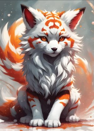 White Sakura Kitsune: Mystical Fox Art Print - Premium Wooden Framed Poster. Ready to Hang.