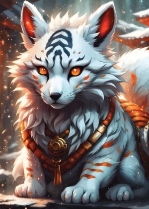 Mystical Anime Kitsune: Fiery Eyes and Winter Wonderland - Premium Wooden Framed Poster. Ready to Hang.